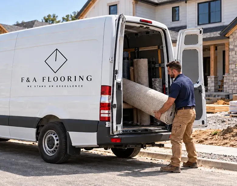 F & A Flooring delivering carpet to a new home build in a van